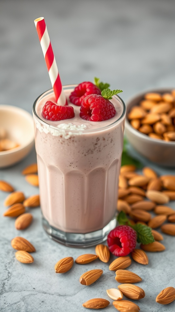 A refreshing raspberry smoothie garnished with raspberries and mint, surrounded by almonds.
