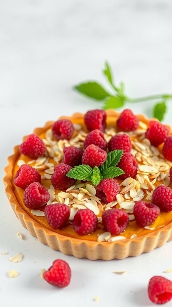 A raspberry almond tart topped with fresh raspberries and slivered almonds.