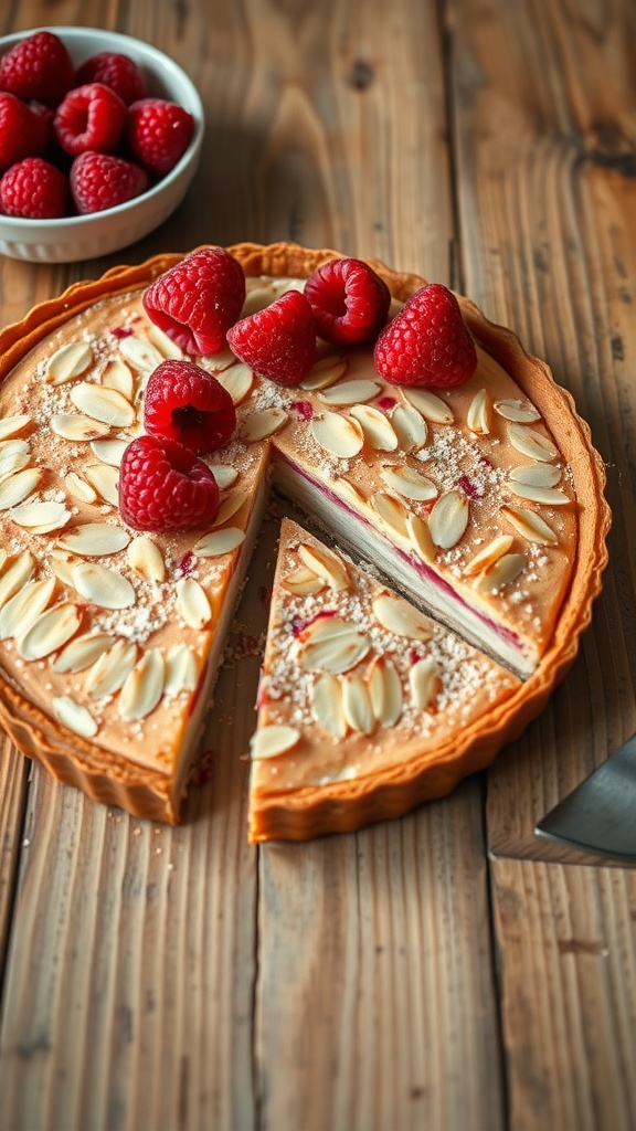 A delicious raspberry almond tart topped with fresh raspberries and sliced almonds.