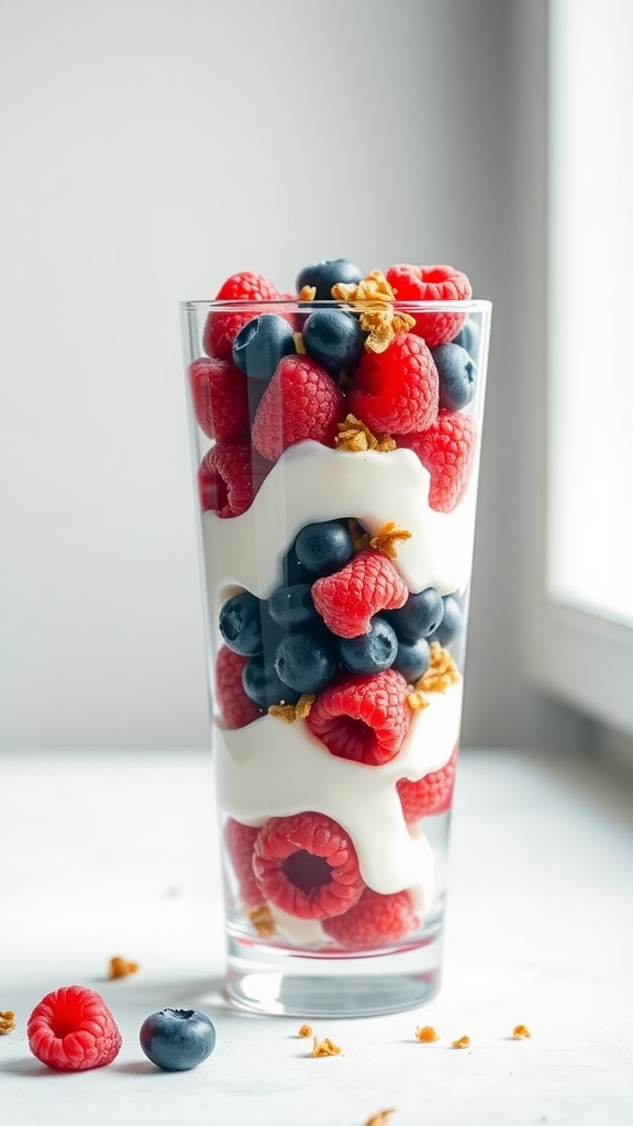 A colorful parfait with layers of yogurt, raspberries, blueberries, and granola