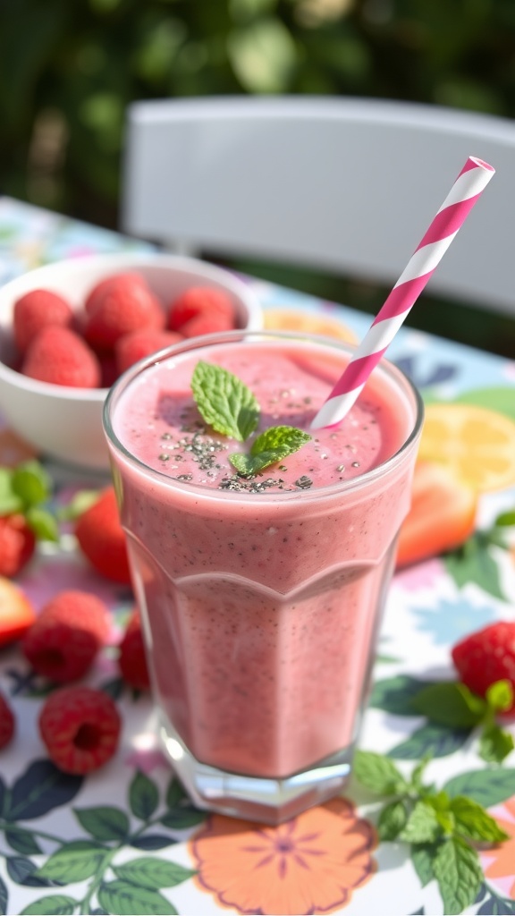 A refreshing raspberry chia smoothie in a tall glass with a straw, surrounded by fresh raspberries and a lemon slice.