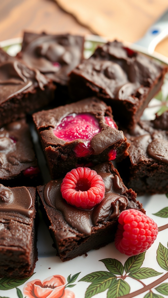 Delicious raspberry filled brownies with a shiny chocolate frosting and fresh raspberries on top.