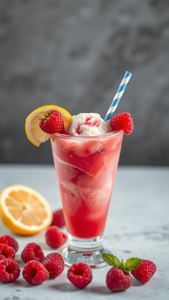 A refreshing Raspberry Lemonade Sorbet Float with raspberries and a lemon slice.