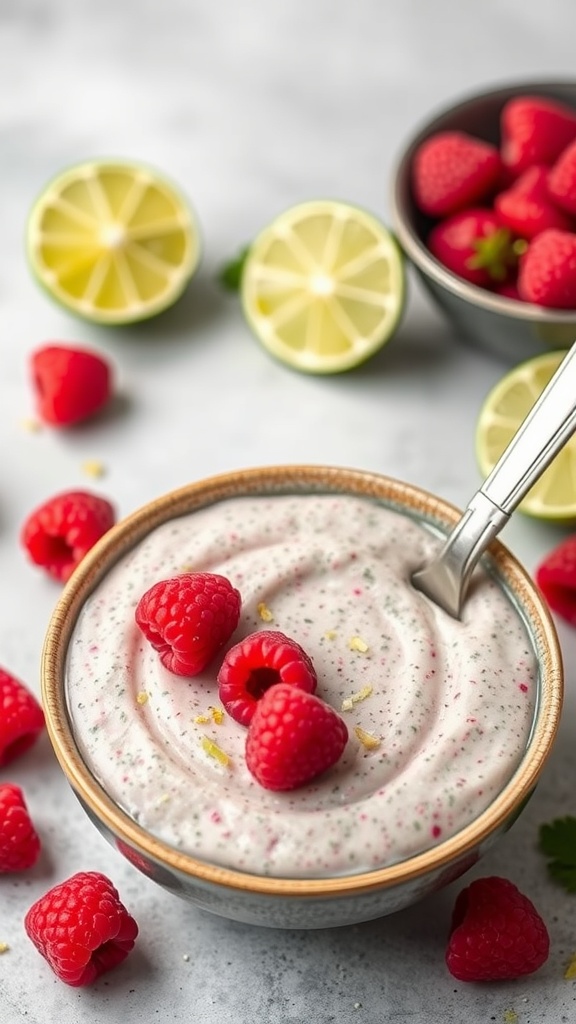 A bowl of Raspberry Lime Chia Pudding topped with fresh raspberries and lime slices.