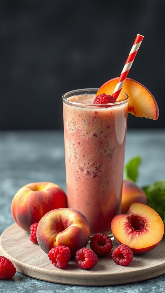 A refreshing raspberry peach smoothie served in a tall glass with fresh fruit around it.