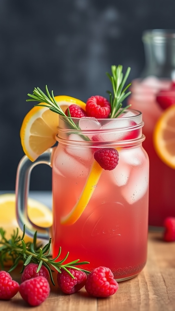 A glass of raspberry rosemary lemonade with ice and lemon slices.