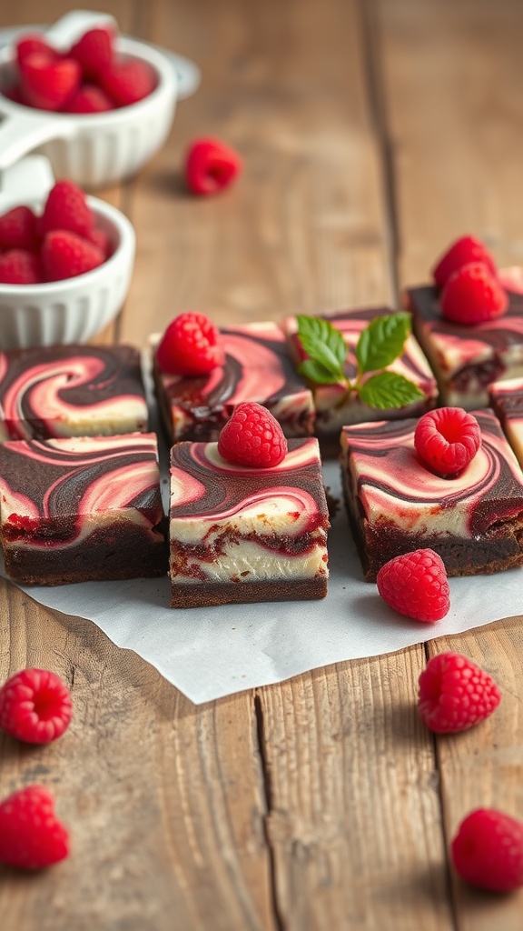 Delicious raspberry swirl cheesecake brownies on a wooden table, garnished with fresh raspberries.