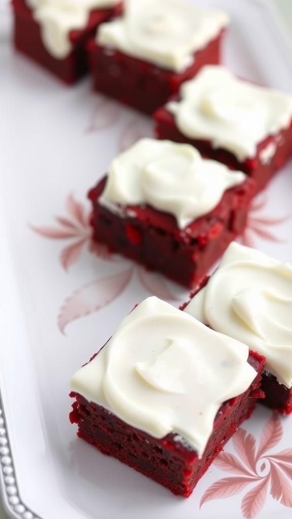 Delicious red velvet brownies topped with cream cheese frosting.