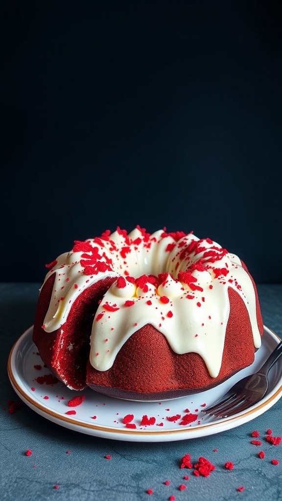 A beautifully frosted Red Velvet Bundt Cake topped with cream cheese frosting and red crumbs.