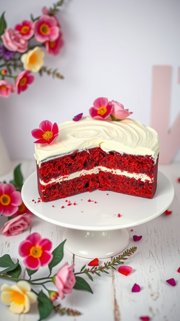 A beautifully decorated red velvet cake with cream cheese frosting and flowers