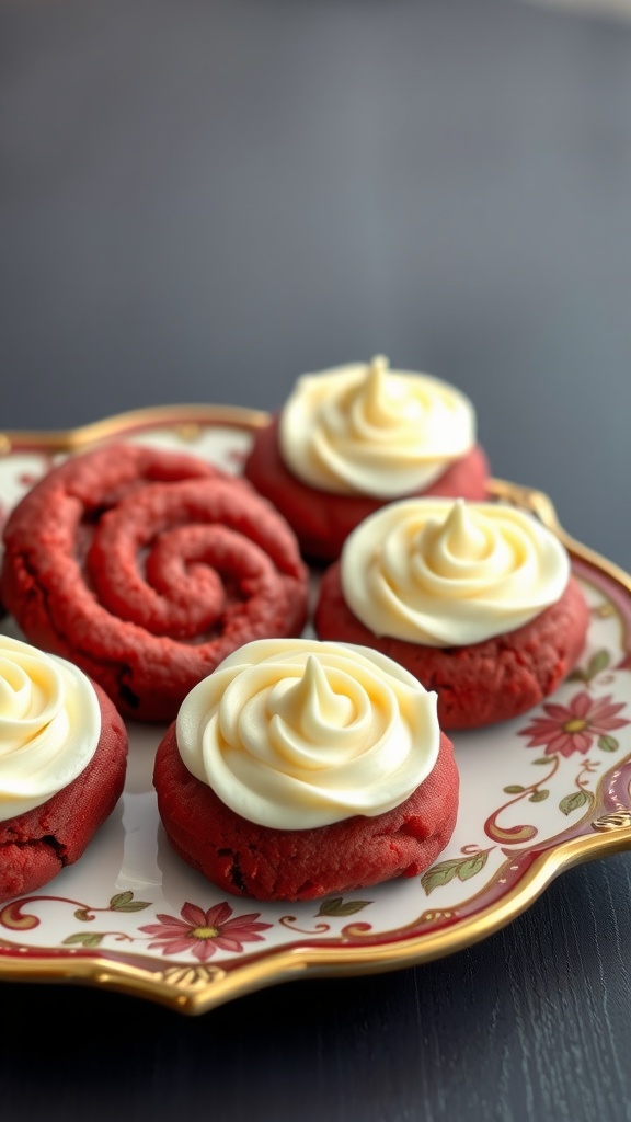 Delicious red velvet cookies topped with creamy frosting on a decorative plate.