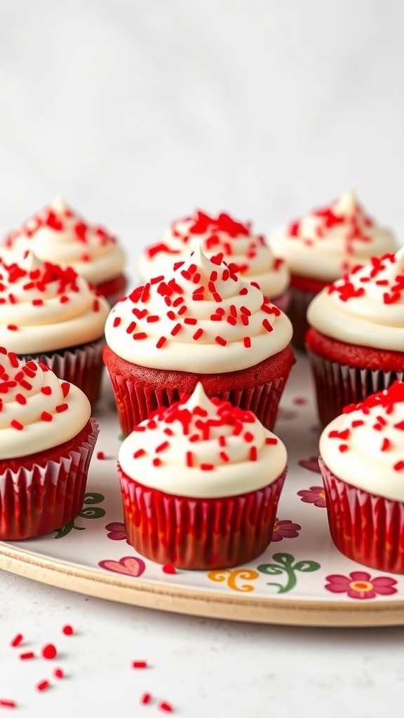 Delicious red velvet cupcakes topped with cream cheese frosting and red sprinkles.