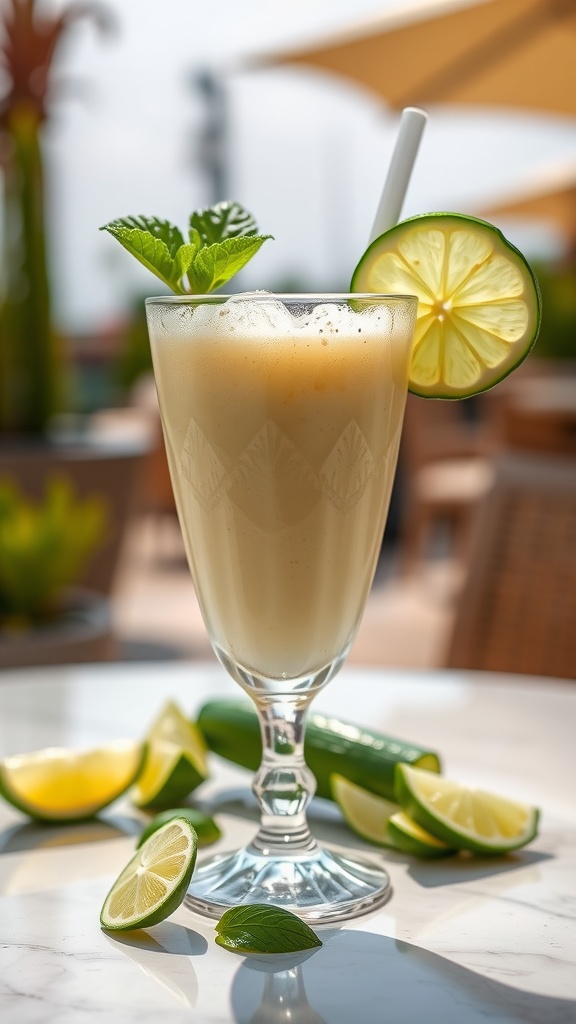 A refreshing cucumber lime smoothie in a glass with lime slices and mint.
