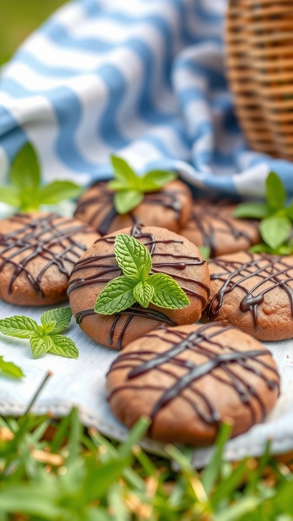 A plate of homemade mint chocolate cookies with fresh mint leaves, drizzled with chocolate.
