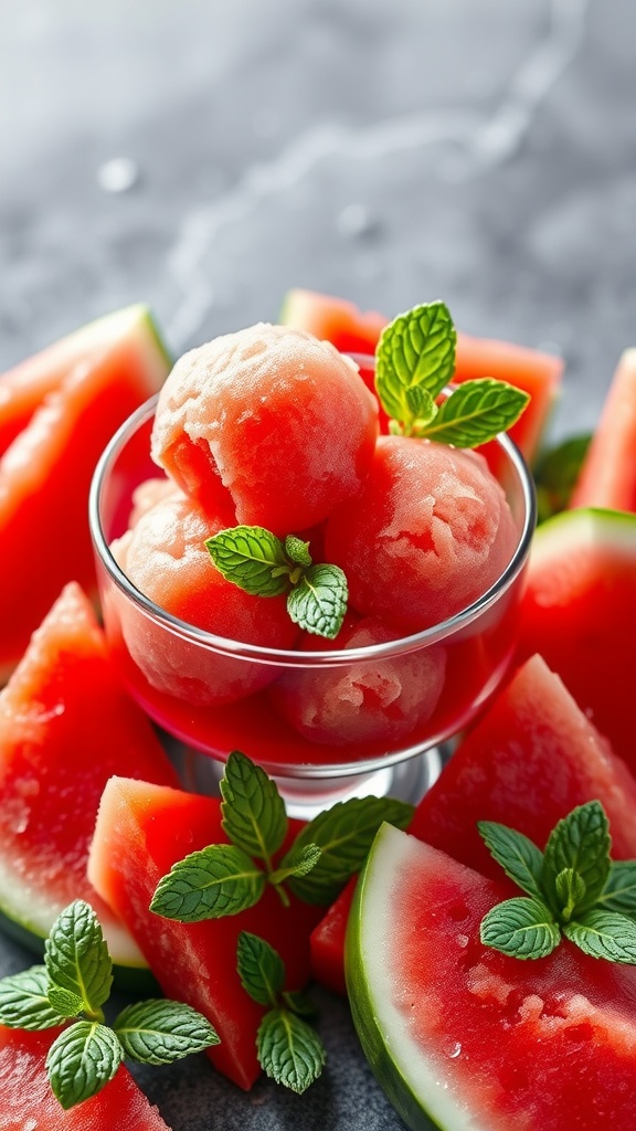 A refreshing bowl of watermelon sorbet garnished with mint leaves.