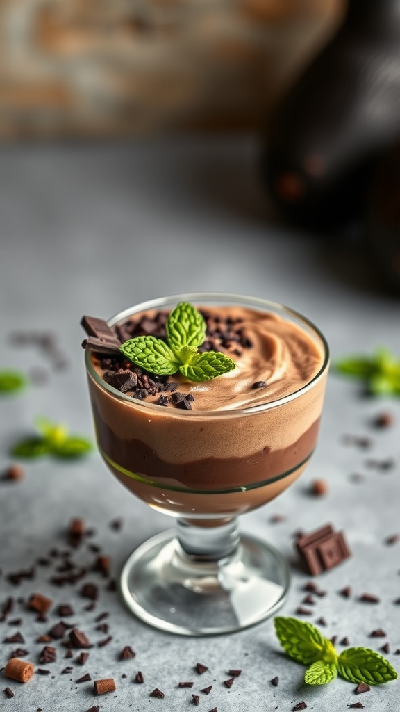 A rich chocolate avocado mousse topped with chocolate shavings and mint leaves, served in a glass.