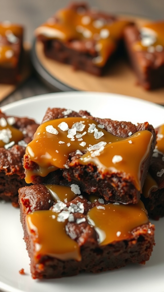 Delicious salted caramel brownies with a drizzle of caramel and sea salt on top.