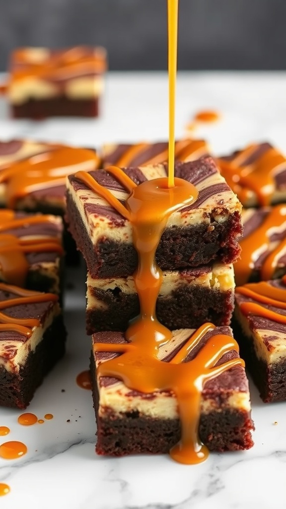 Delicious stacked salted caramel cheesecake brownies drizzled with caramel sauce.