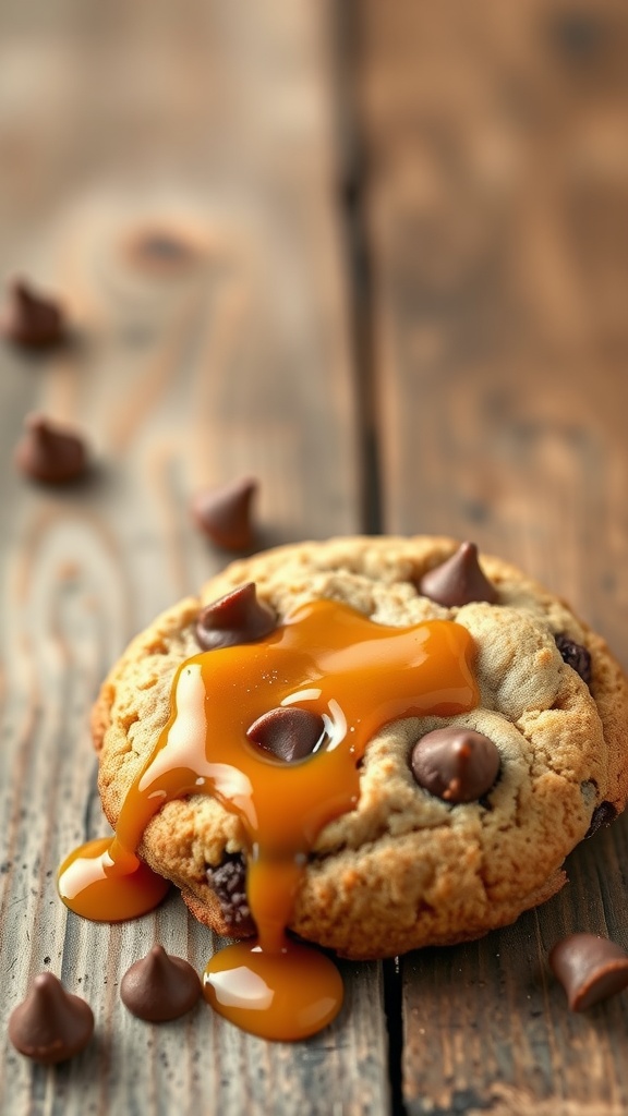 Salted caramel chocolate chip cookies with melted caramel