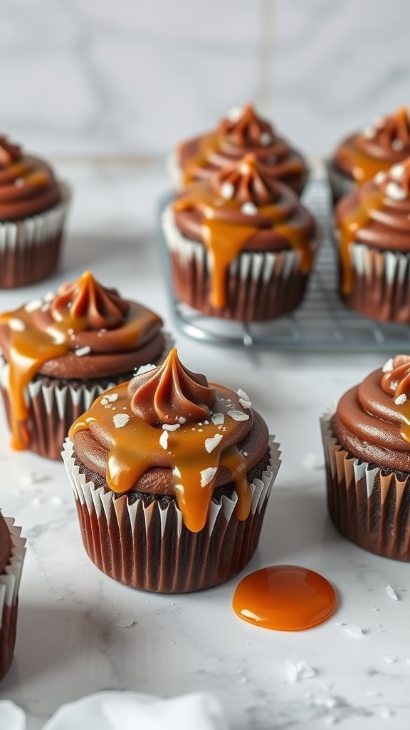 Delicious salted caramel chocolate cupcakes topped with caramel sauce and sea salt.