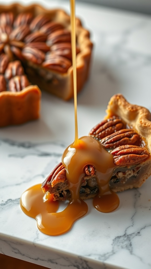 Salted Caramel Pecan Pie with caramel drizzling over it