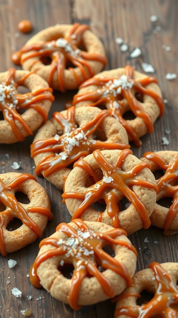 Delicious salted caramel pretzel cookies drizzled with caramel and sprinkled with sea salt.