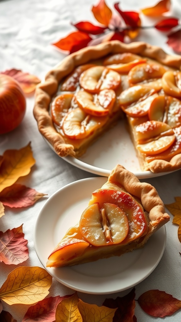 A slice of salted maple apple pie on a plate surrounded by autumn leaves and apples.