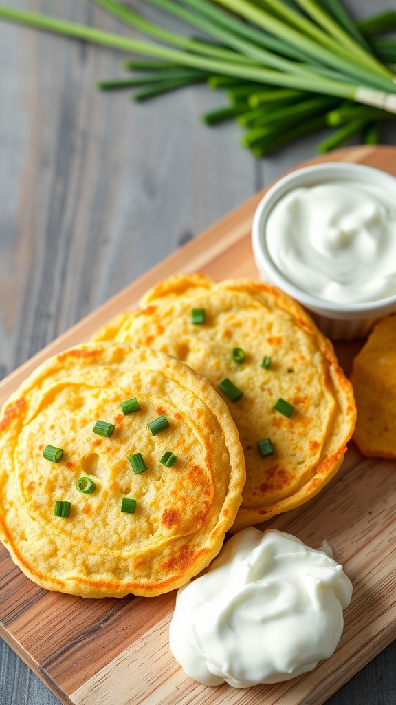 Savory cornmeal pancakes with chives served with sour cream.