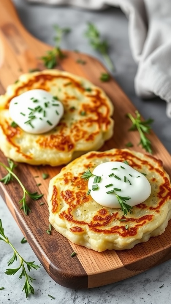 Savory herbed potato pancakes served with sour cream and garnished with herbs.