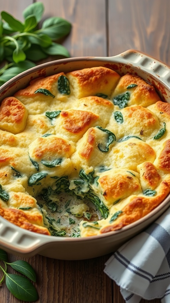 A delicious baked dish featuring spinach and cheese bread pudding.