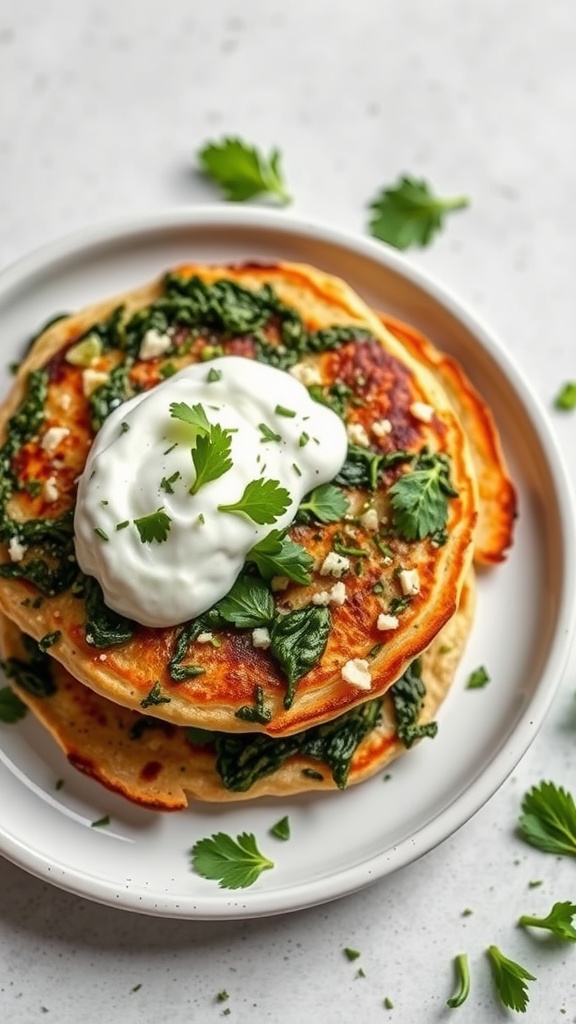 Savory spinach and feta pancakes topped with yogurt and herbs.