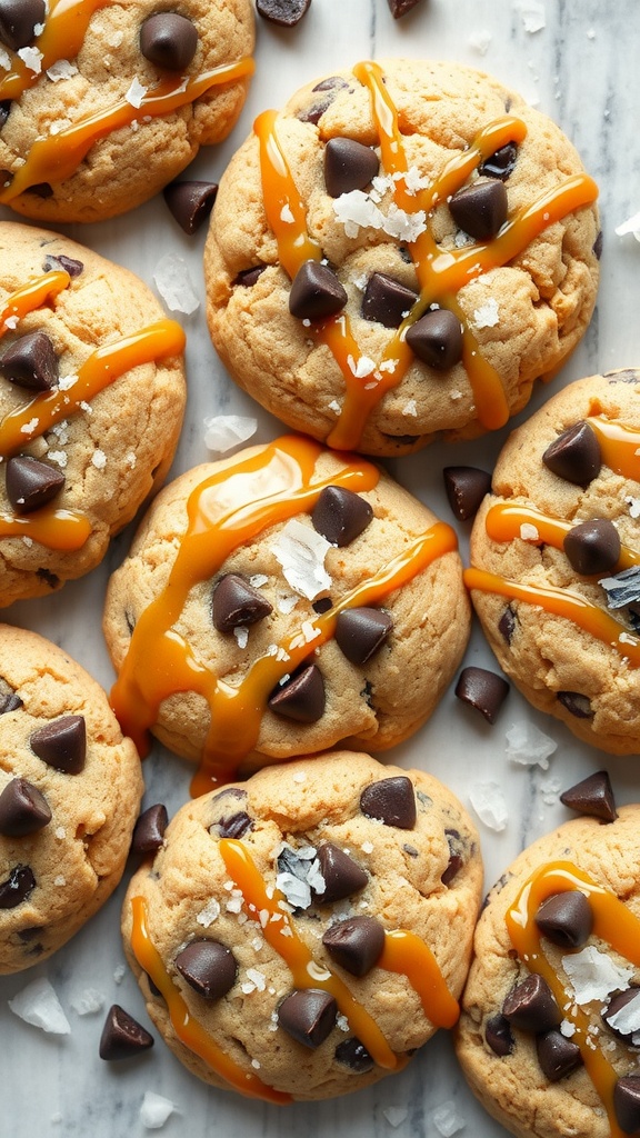 Delicious Sea Salt Caramel Chocolate Chip Cookies with gooey centers on a marble background.