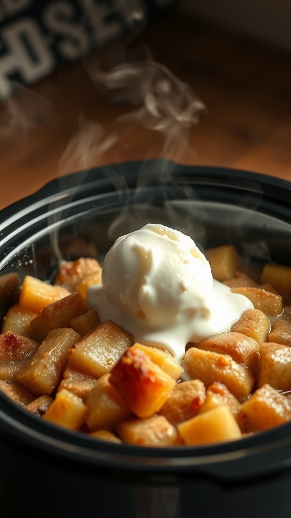 A steaming bowl of slow cooker apple cobbler topped with vanilla ice cream.