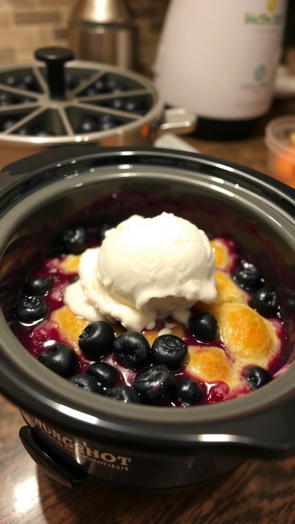 Delicious blueberry cobbler served with ice cream