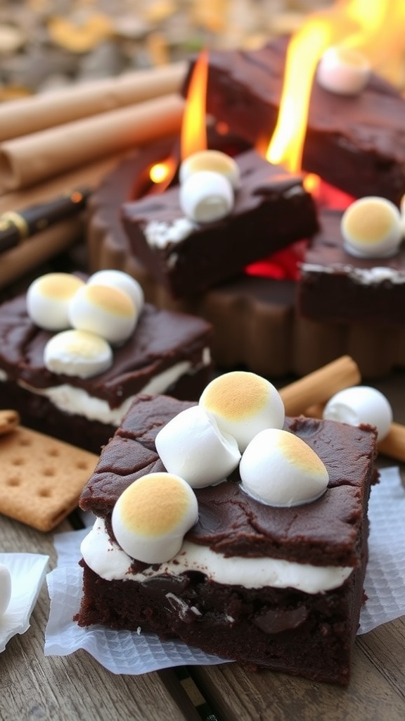 Delicious s'mores brownies topped with toasted marshmallows and chocolate sauce.