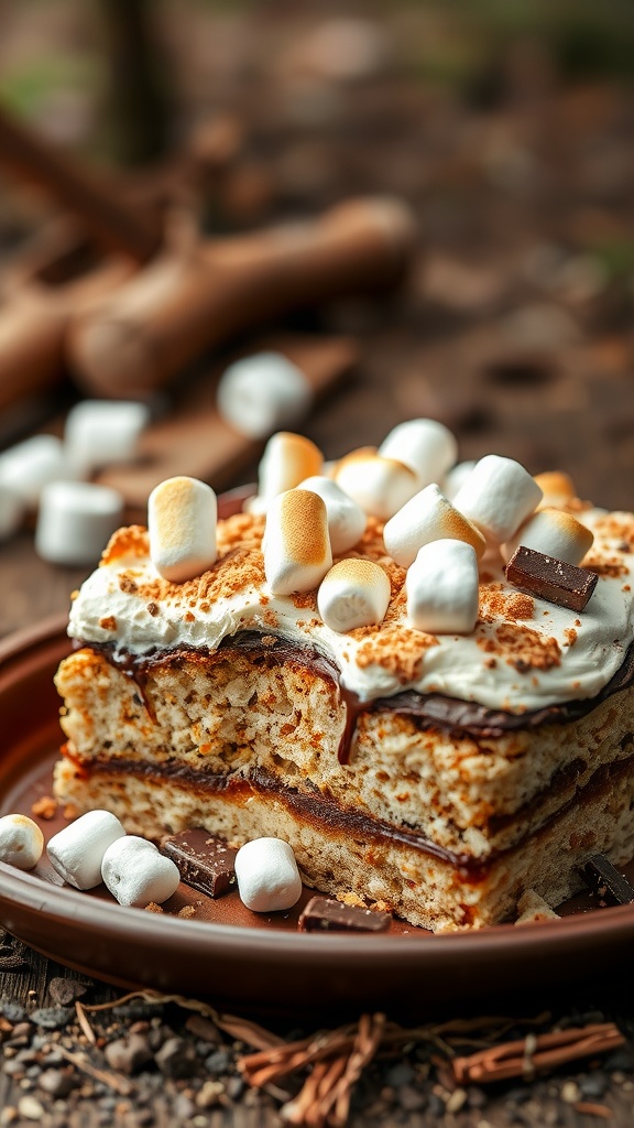 Delicious S'mores Campfire Cake with chocolate and marshmallows