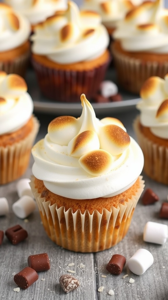 S'mores cupcakes topped with toasted marshmallow frosting