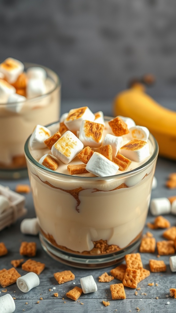 S'mores Inspired Banana Pudding in a glass with layers of banana, pudding, and marshmallows.