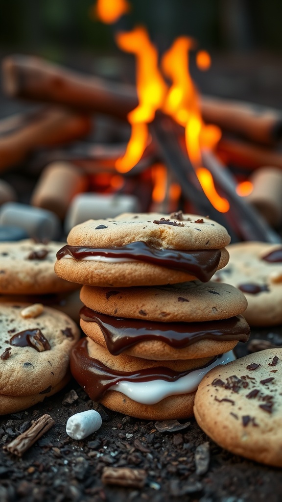 Delicious and gooey S'mores Inspired Cookies stacked and ready to enjoy.