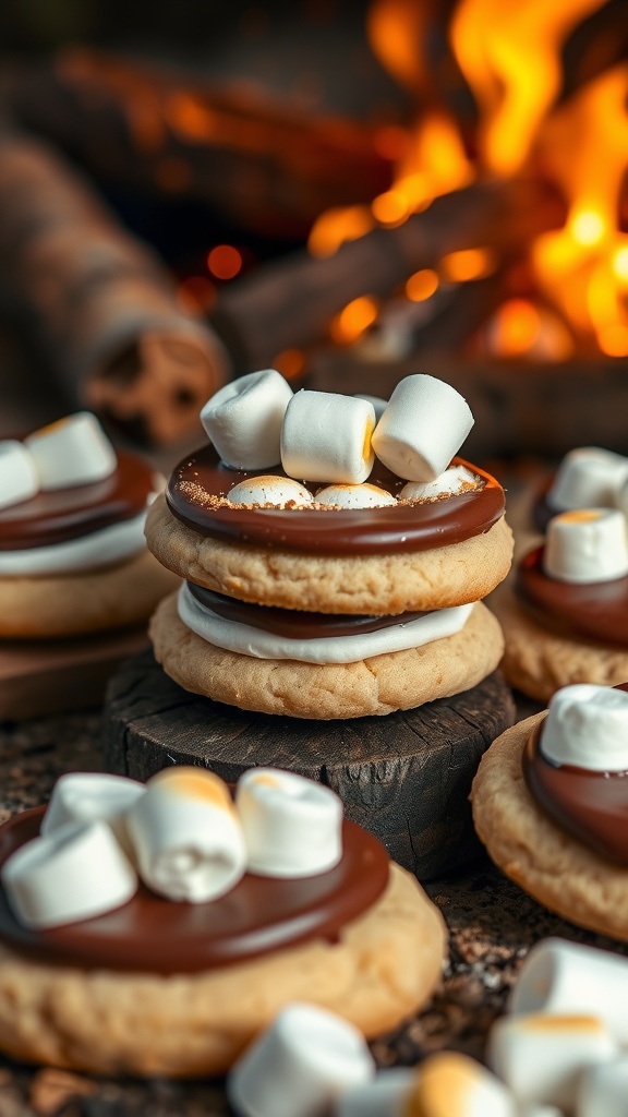 S'mores sugar cookies stacked with chocolate and marshmallows
