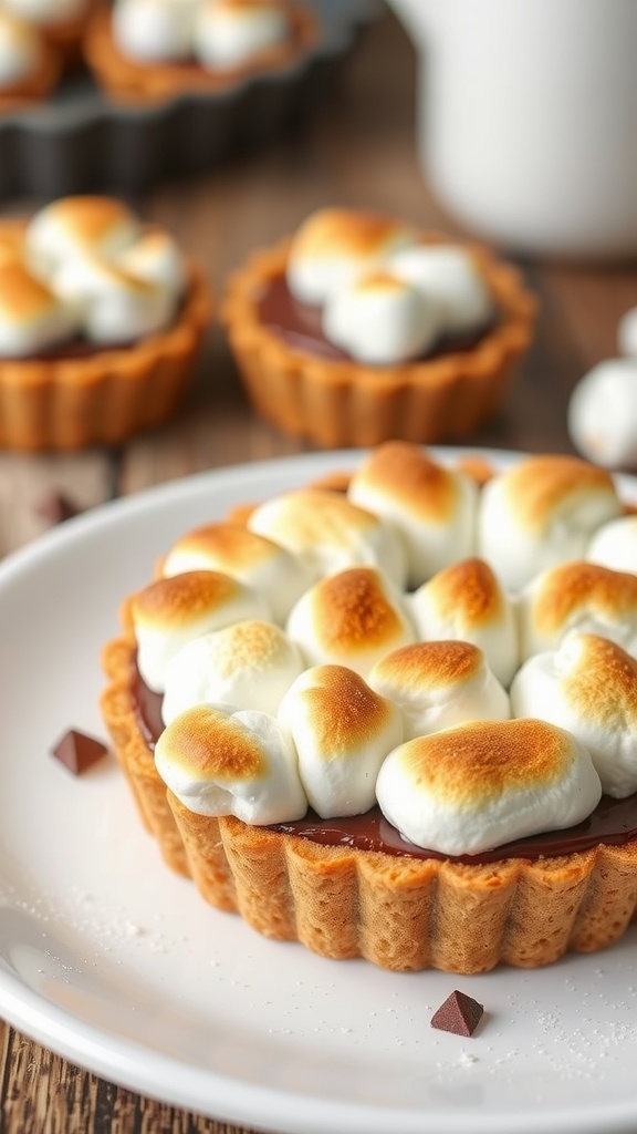 A S'mores Tart with a graham cracker crust, chocolate filling, and toasted marshmallows on top.