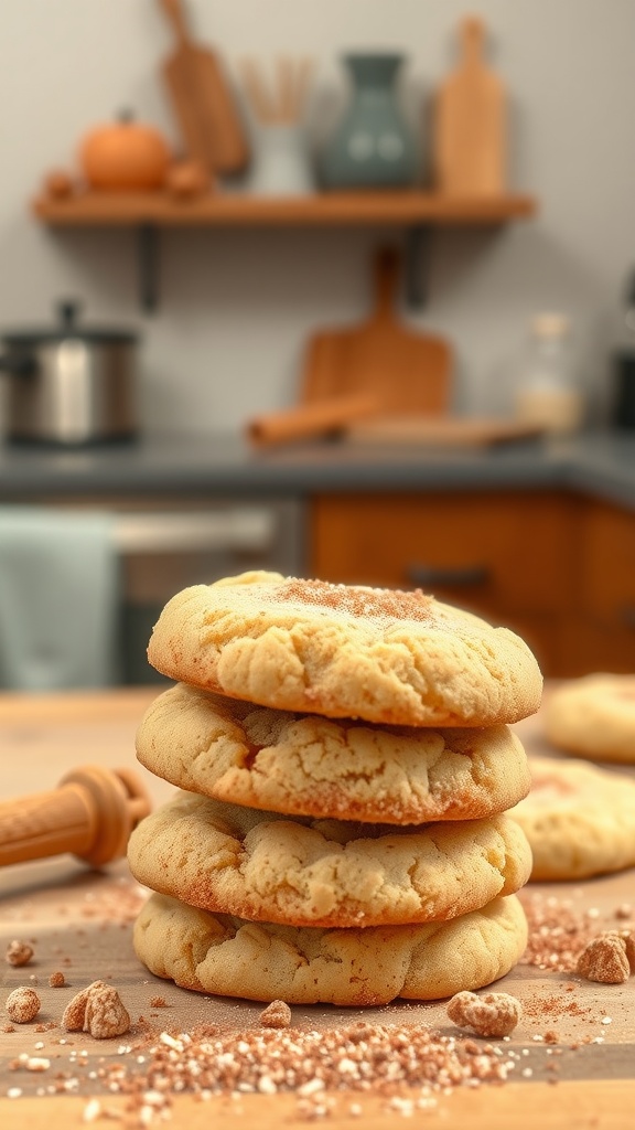 Four snickerdoodle cookies stacked on a wooden surface with cinnamon sugar sprinkled around.