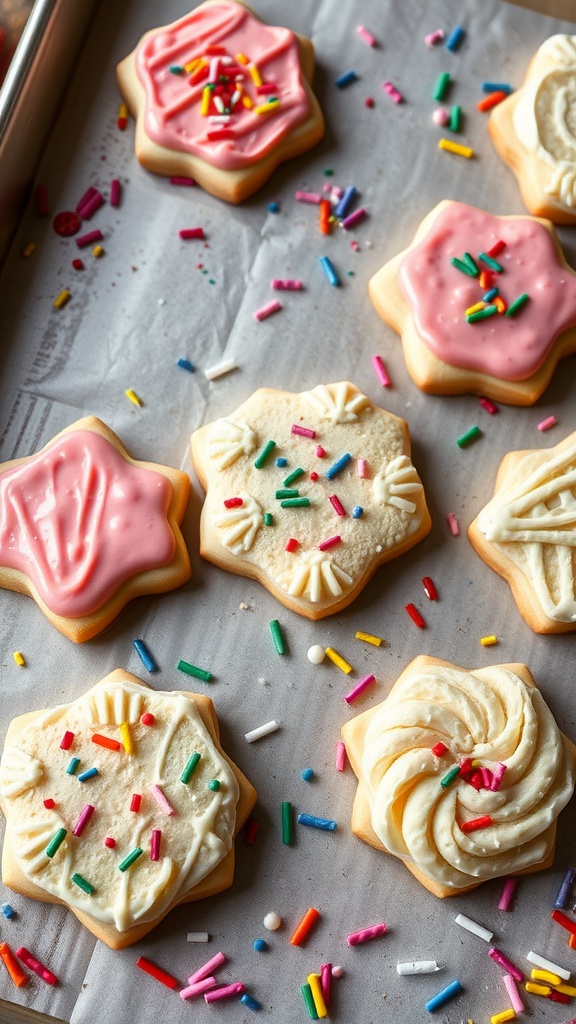 Soft and fluffy sugar cookies decorated with colorful icing and sprinkles.