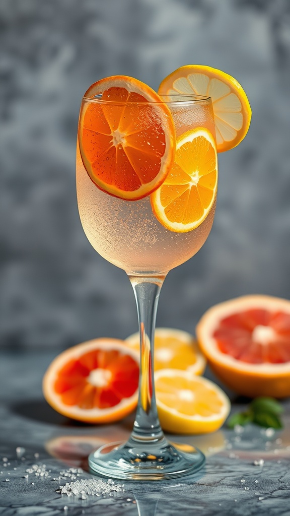 A refreshing sparkling citrus mocktail with slices of lemon and orange