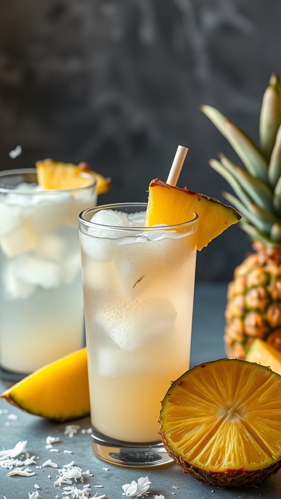 A refreshing drink made with pineapple juice, coconut water, and sparkling water, garnished with fresh pineapple slices.