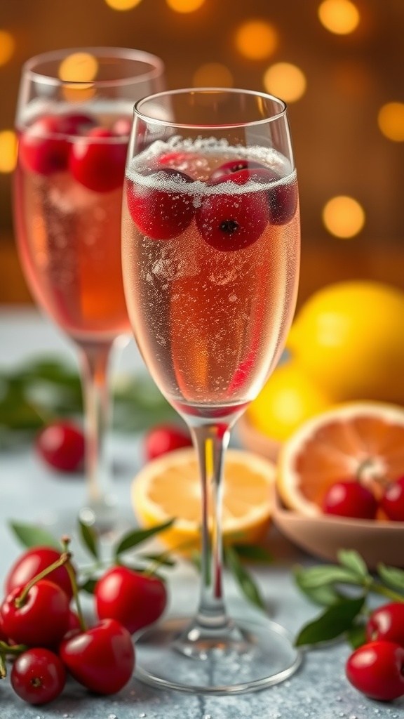 Two glasses of sparkling rosé sangria with berries and citrus slices
