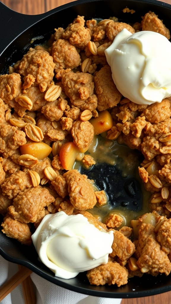 A delicious spiced apple and oatmeal cobbler served with ice cream.