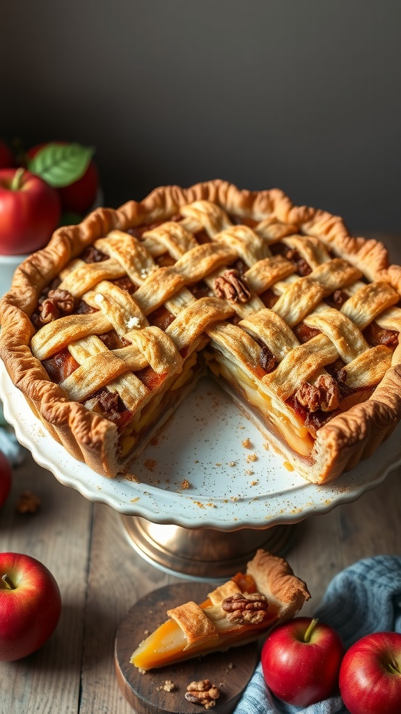 A delicious spiced apple and walnut pie with a golden lattice crust.