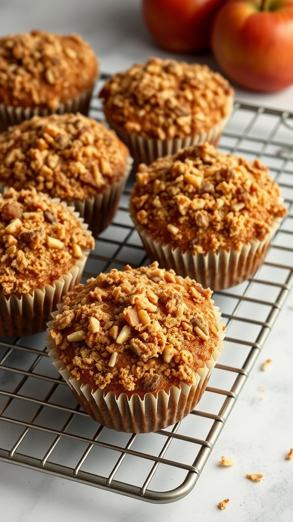 Freshly baked spiced apple muffins with a crunchy streusel topping on a cooling rack.
