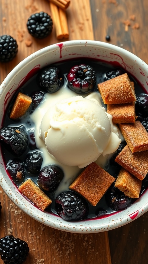 Spiced blackberry cobbler with ice cream in a bowl
